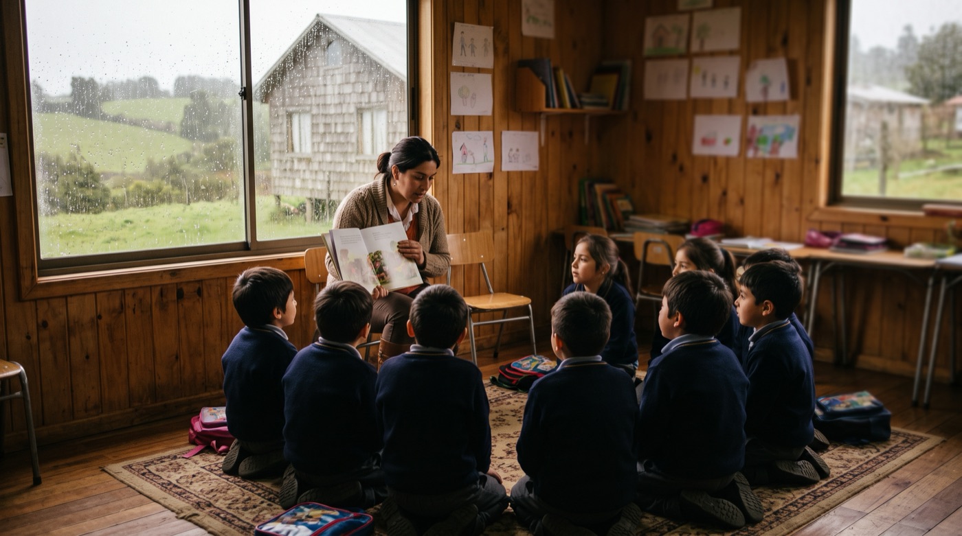 Profesora lee un cuento a niños de 3° básico en una escuela rural
