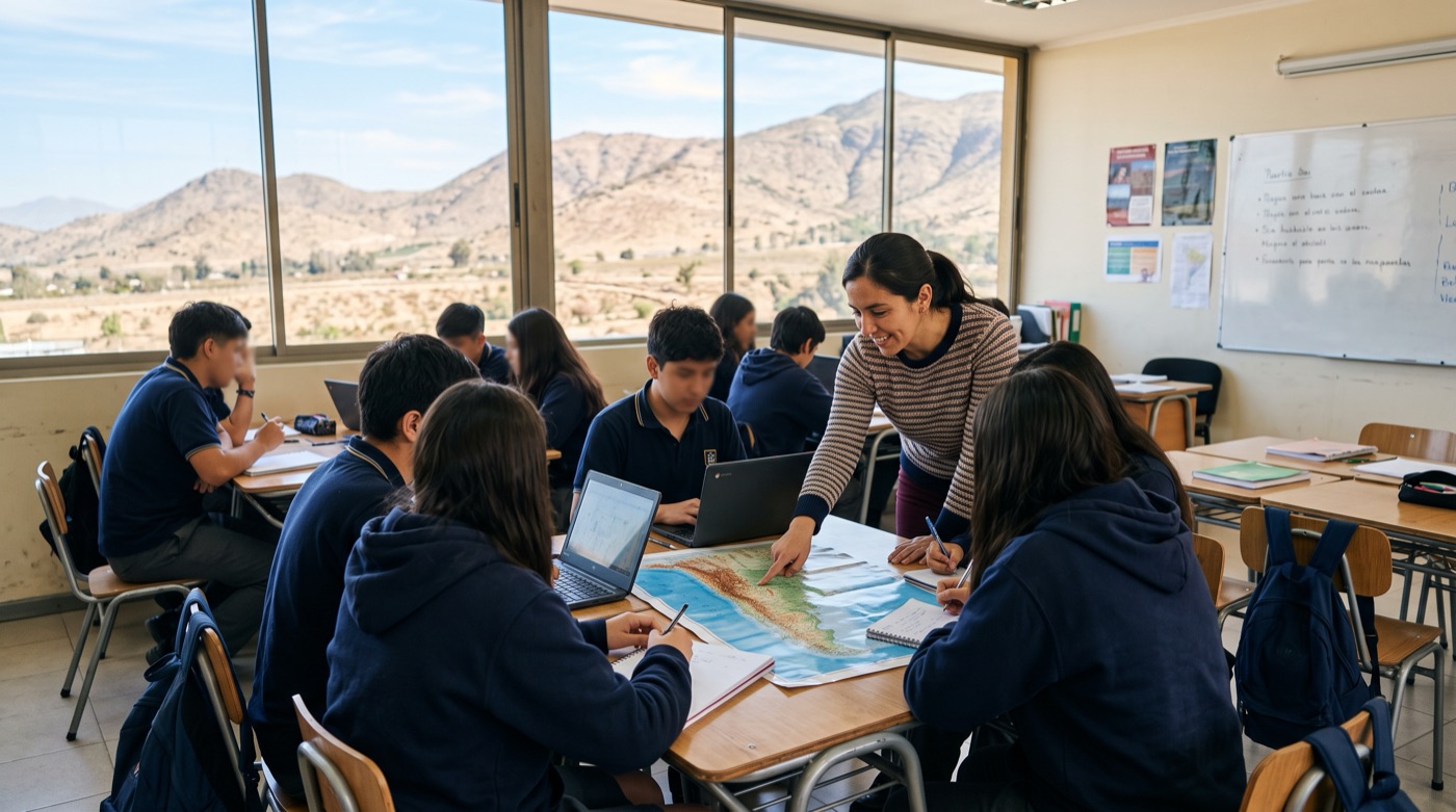 Estudiantes de 3° medio trabajan en grupos con un mapa y computadores junto a su profesora