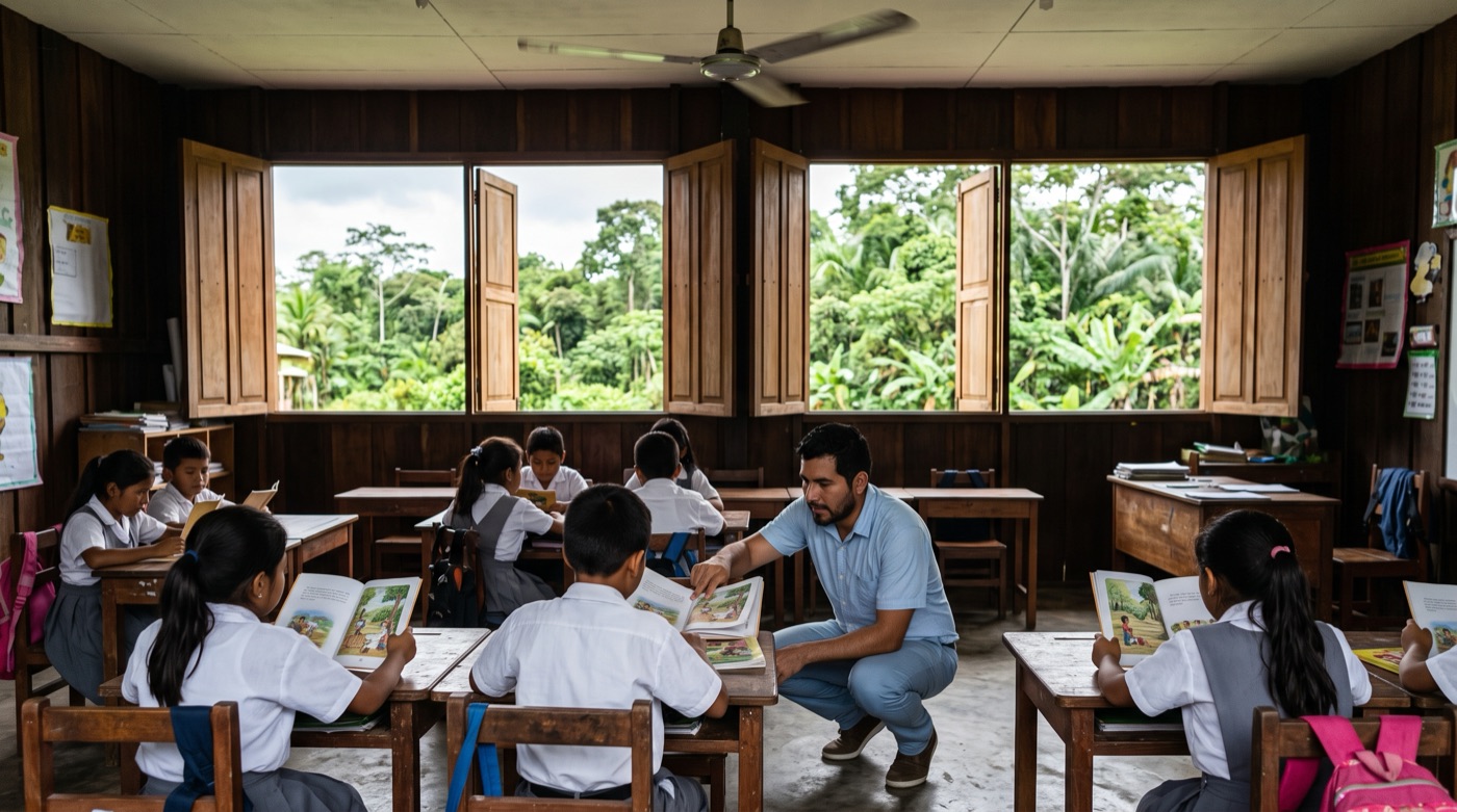 Niños de primaria leen en parejas en una escuela de la Amazonía peruana