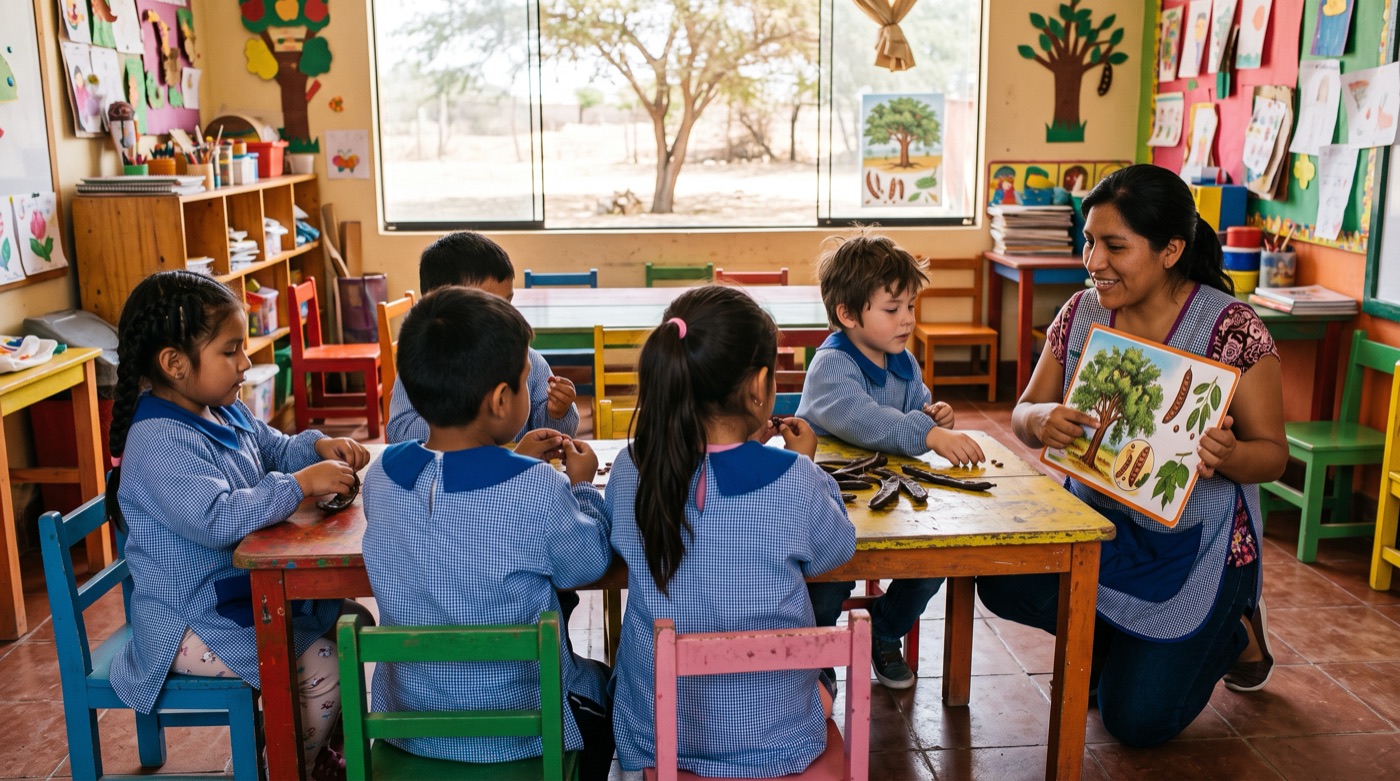 Niños de 5 años exploran vainas de algarrobo junto a su profesora en un aula de inicial
